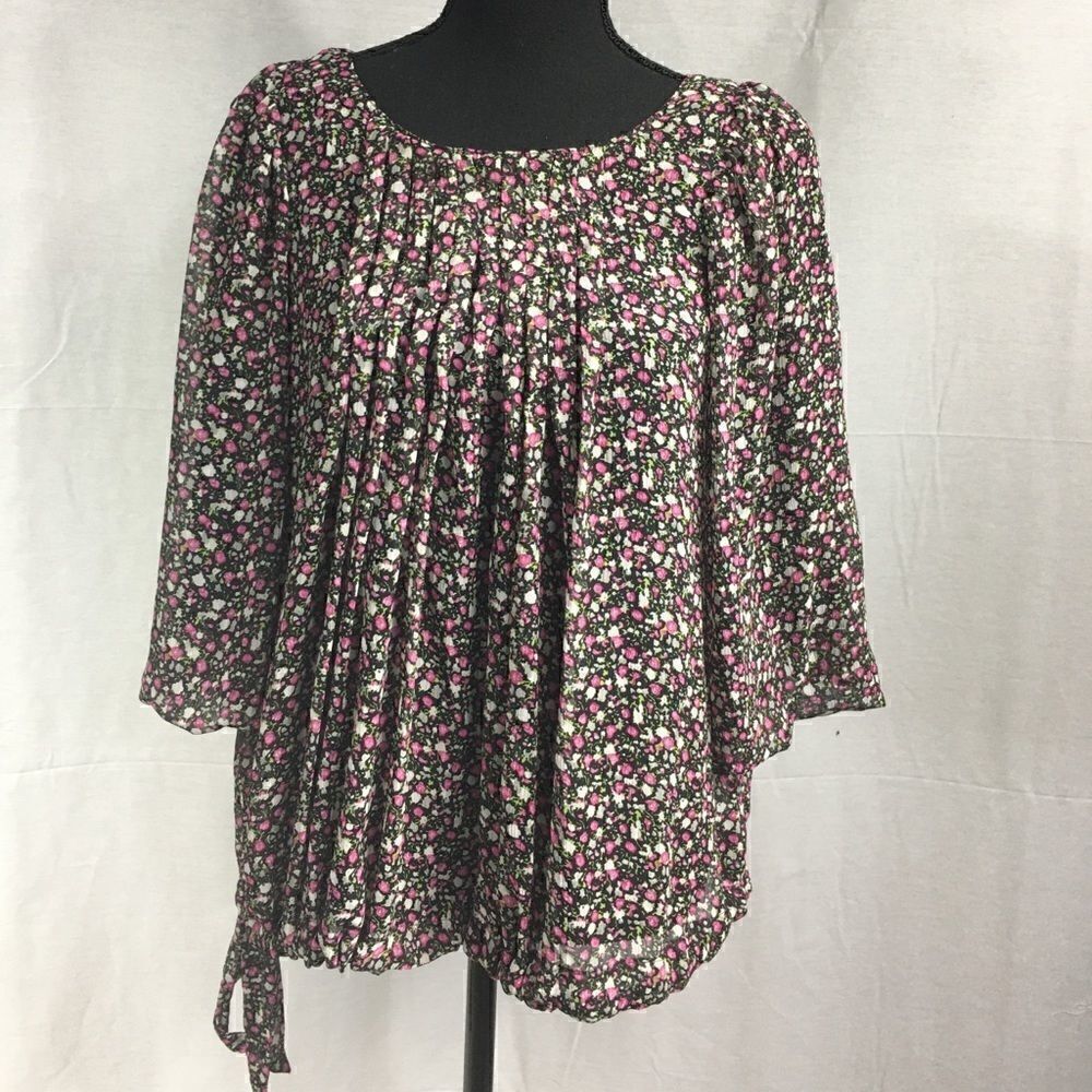 Antilia Femme Rust Floral Sheer 3/4 Sleeve Boho floral tie side lined shirt